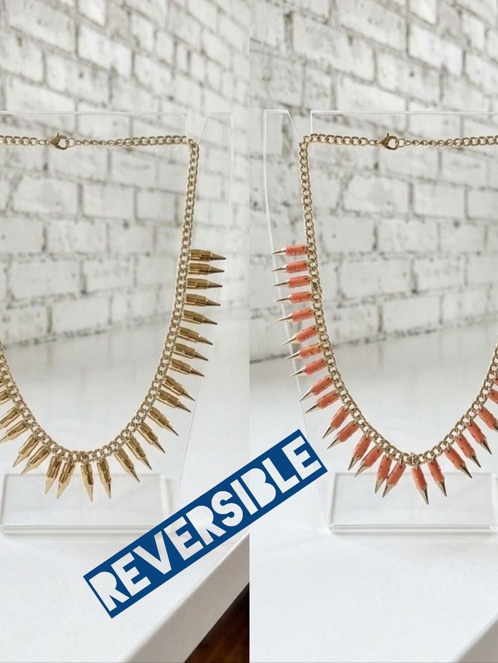 Reversible Gold Chain Necklace with Coral Orange Spike Accents